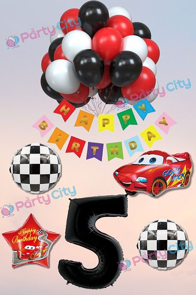 Party City Σετ μπαλονιών γιορτής γενεθλίων με θέμα το αυτοκίνητο 5 ετών Happy Birthday με πολύχρωμα γράμματα