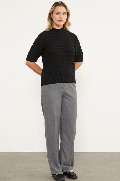 Sementa Bow Patterned Short Sleeve Knitwear Sweater - Black
