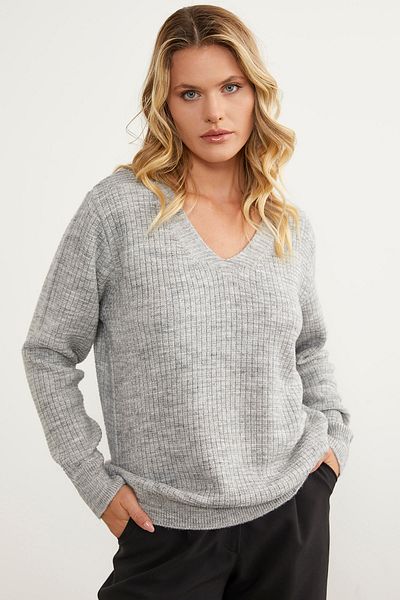 Sementa Honeycomb Knitted V-Neck Knitwear Sweater - Light Gray