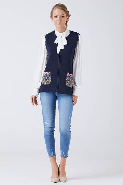 Sementa Women's Zippered Knitwear Vest with Pockets - Navy Blue - Cream