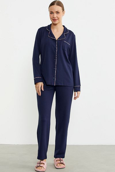 Sementa Costum de pijama model cămașă de culoare uni - bleumarin
