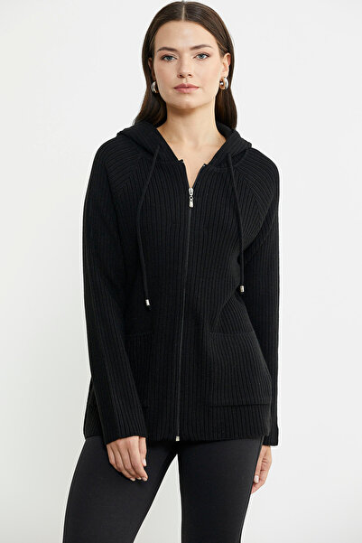 Sementa Black Woolen Hooded Knitwear Cardigan - Full Zipper