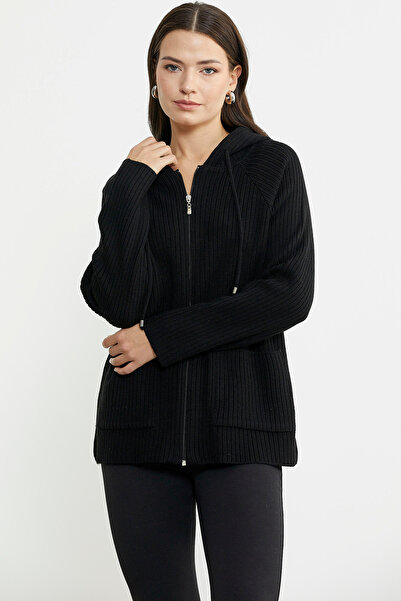 Sementa Black Woolen Hooded Knitwear Cardigan - Full Zipper