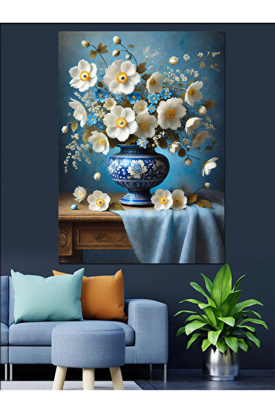 KanvasSepeti Flori albe într-o vază albastră Pictură în ulei Texturată Pânză de înaltă calitate Pictură pe pânză 100 x 50 cm