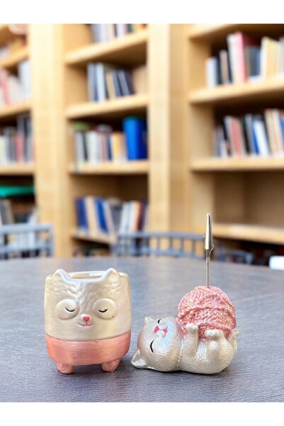 Perazayn Mother of Pearl White and Metallic Pink Cute Cat Pen Holder Photo Note Holder Office Desk Holder