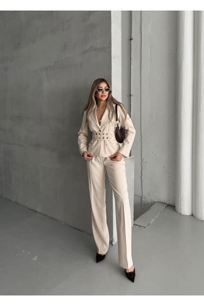 HOEK Women's Cream Belted Jacket Pants Suit