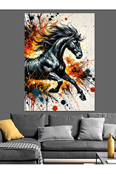 KanvasSepeti Pictură decorativă în ulei cu cal negru în galop, pe pânză textu...