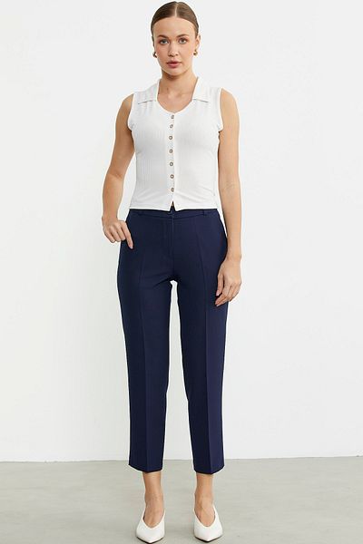 Sementa Ankle Length Fabric Trousers with Pockets - Navy Blue