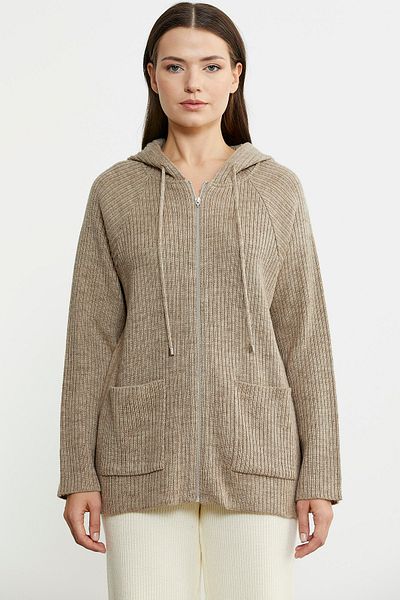 Sementa Cardigan din lână cu glugă bej închis - cu detaliu complet cu fermoar