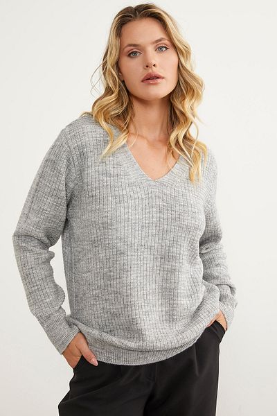 Sementa Honeycomb Knitted V-Neck Knitwear Sweater - Light Gray