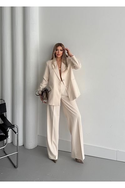 HOEK Women's Cream Button Detail Blazer Jacket Pants Suit