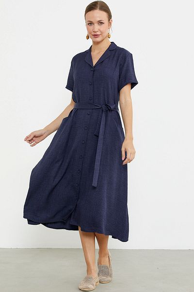 Sementa Λινό φόρεμα πουκάμισο με τσέπες - Navy Blue