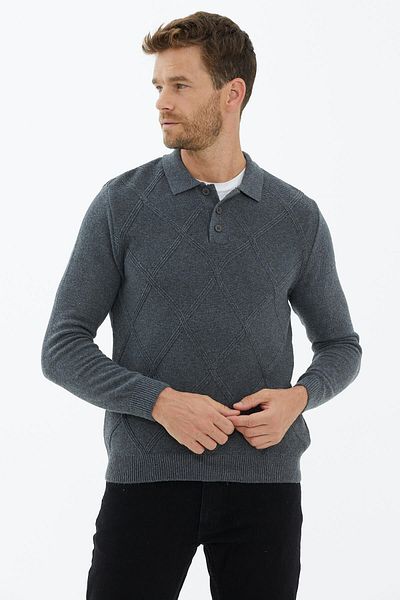 Sementa Πλεκτό πουλόβερ με κουμπιά Polo Neck - Σκούρο Γκρι