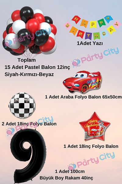 Party City Σετ μπαλόνι για γιορτή γενεθλίων με θέμα το αυτοκίνητο 9 ετών Happy Birthday Πολύχρωμο γραμμένο