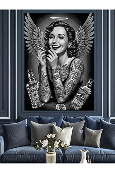 karizmart Kanatlı Kadın Ve Viski Dekoratif Kanvas - Mdf Ahşap Tablo
