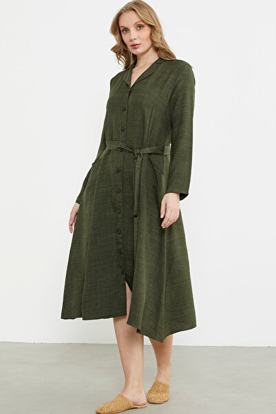 Sementa Keten Görünümlü Uzun Kol Gömlek Elbise - Haki