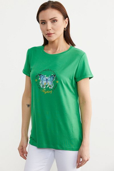 Sementa Tricou din bumbac pieptănat cu imprimeu fluture verde