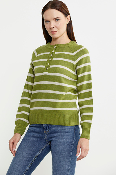 Sementa Green Striped Collar Buttoned Wool Knitwear Sweater