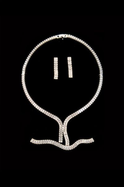 ayvalı Women's Zircon Stone Silver Baguette Waterway Necklace Bracelet Earrings Jewelry Set Set