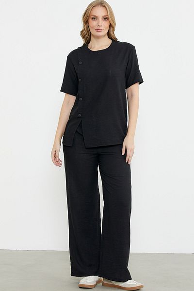 Sementa Button Detailed Linen Look Comfortable Set - Black
