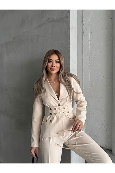 HOEK Women's Cream Belted Jacket Pants Suit