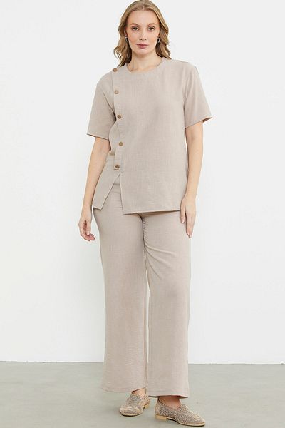 Sementa Button Detailed Linen Look Comfortable Set - Stone
