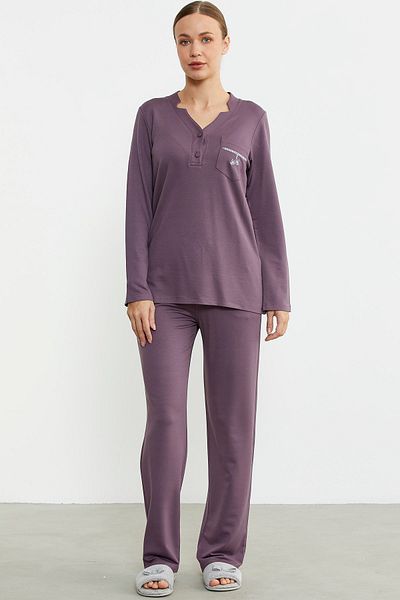 Sementa Half Button Pocket Detailed Pajama Set - Purple
