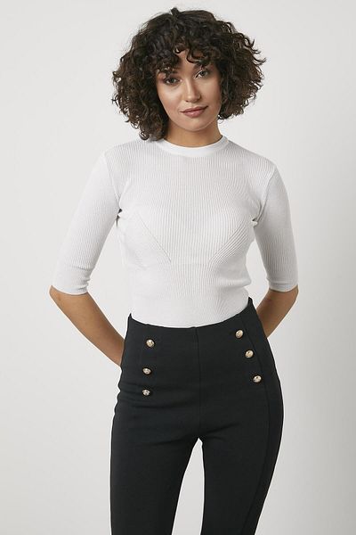 Sementa Pulover tricot cu mâneci capri cu gât - alb
