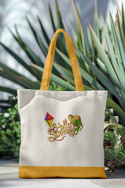 AYSHOME Ays Home Yellow Ecru Summer Patterned Printed Zippered Cloth Beach Shopping Bag