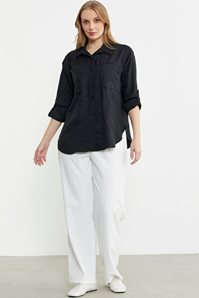 Sementa Çiçek Nakış Detaylı Cepli Gömlek - Siyah