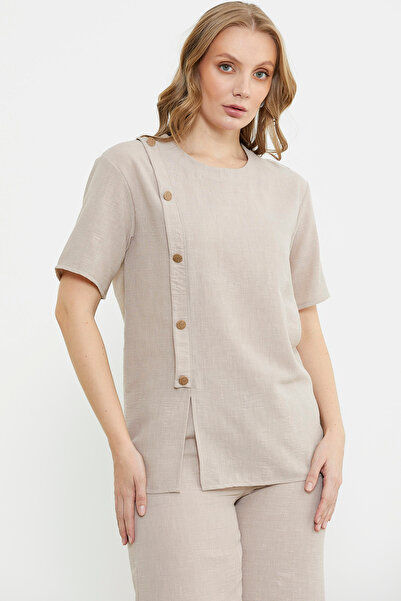 Sementa Button Detailed Linen Look Comfortable Set - Stone