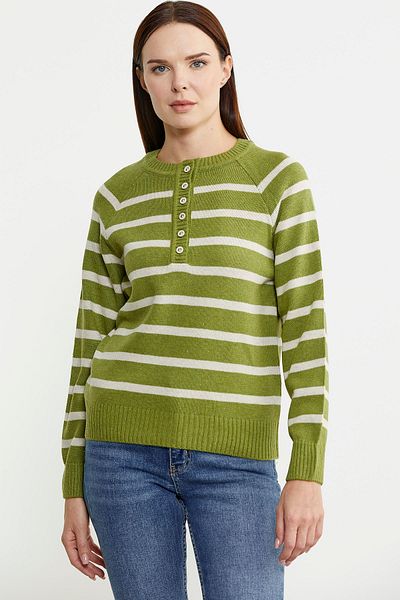 Sementa Green Striped Collar Buttoned Wool Knitwear Sweater