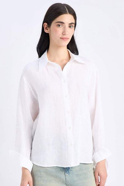 DeFacto Νέα σεζόν Oversize Wide Fit Λινό Μακρυμάνικο Λευκό Πουκάμισο