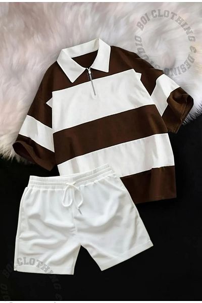 Boi Unisex Polo γιακά με μισό φερμουάρ Casual Bottom-Top Polo T-shirt Σορτς Σετ - Γυναικείο Ανδρικό Σετ Oversize