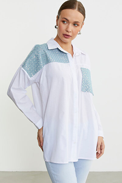 Sementa Pul Detaylı Patchwork Oversize Gömlek - Beyaz