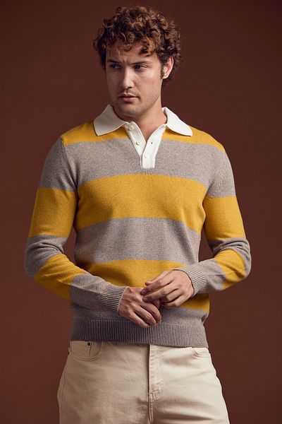 Sementa Yellow Striped Polo Collar Wool Knitwear Sweater