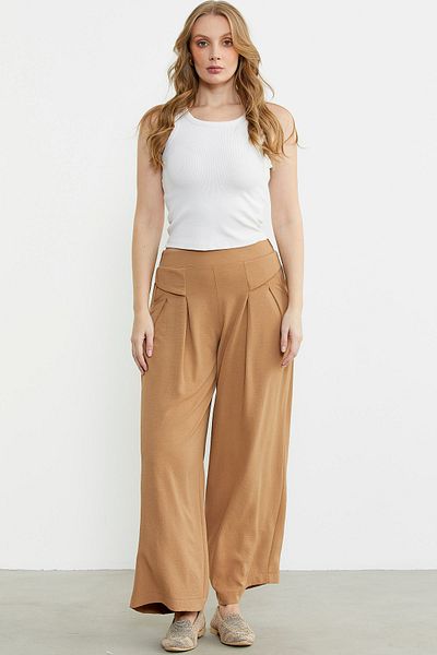 Sementa Beige Flounced Loose Cut Crepe Trousers