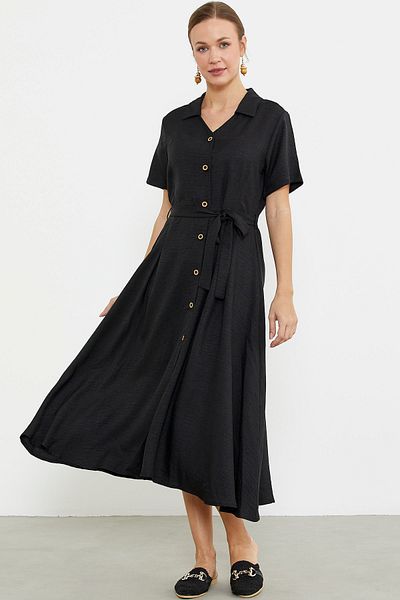 Sementa Φόρεμα Μακρύ Πουκάμισο Linen Look - Μαύρο