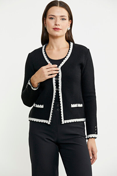 Sementa Short Wool Knitted Cardigan with Slit Collar Detail - Black
