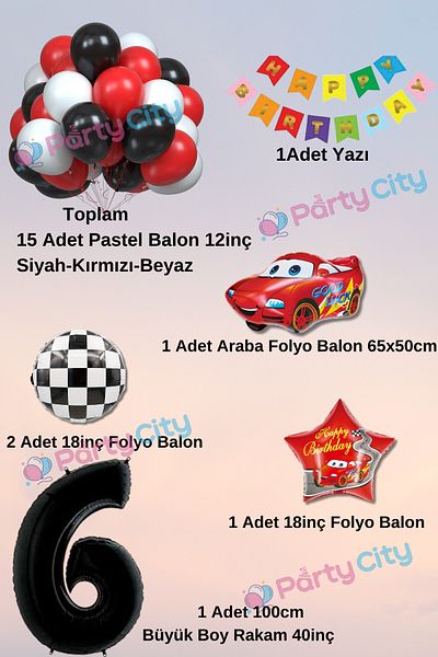 Party City Σετ μπαλονιών γιορτής γενεθλίων με θέμα το αυτοκίνητο 6 ετών Happy Birthday Πολύχρωμο γραμμένο