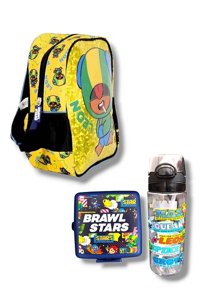 BRAWL STARS Set de 3 bucăți pentru grădiniță Sarı Leon cu licență, cutie de prânz cu 4 compartimente și sticle de apă de 500 ml