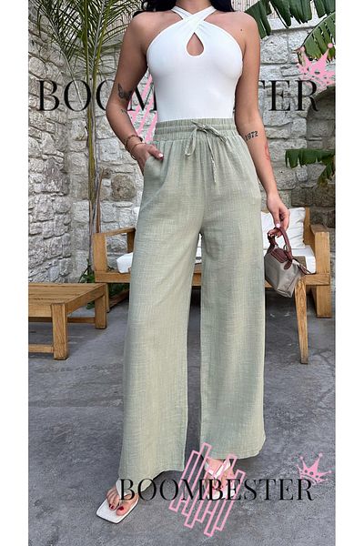 BoomBester Women's Linen Elastic Waist Palazzo Trousers - Lined Relaxed Fit Loose Wide Leg Summer Palazzo