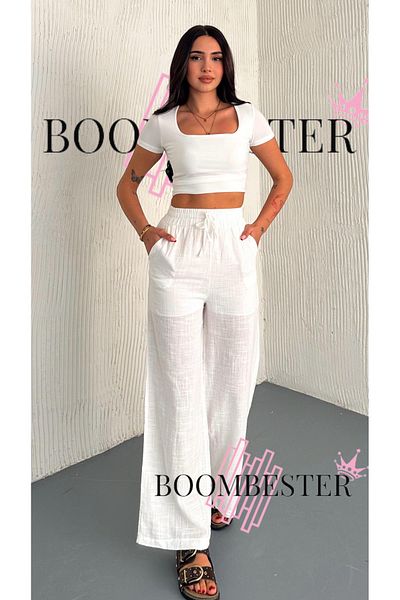 BoomBester Women's Loose Wide Leg Palazzo - Lined Relaxed Cut White