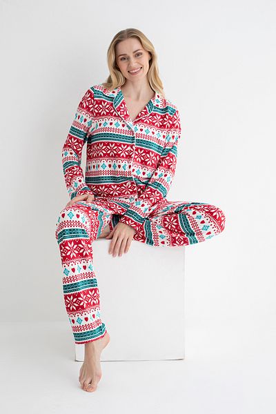 DOFİ Ethnic Patterned Pajama Set - Red, Round, Softened Fabric, Stylish and Comfortable |   Dofi