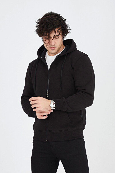 velmorafashion Velmora Hooded Plain Zippered Cardigan - Black -