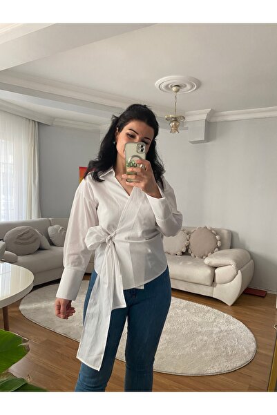 ronox Women's White Front Tie Polyviscon Fabric Long Sleeve Shirt