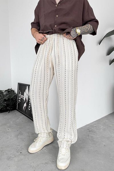 HAFKAGİYİM Κρεμ Bohemian Stripe Λεπτομέρεια φαρδύ παντελόνι