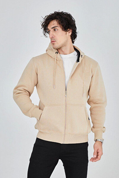 velmorafashion Velmora Premium Men's Hooded Straight Zippered Cardigan - Beige