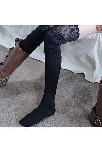 NiLi Knitted Fabric Top Women's Garter Socks with Lace
