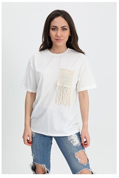 MODA Tricou Akalite cu ciucuri, 100% bumbac, alb murdar